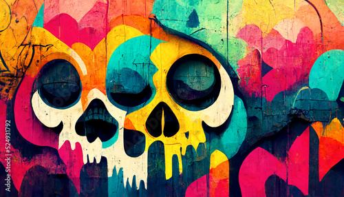 Colorful graffiti wall background with a skull