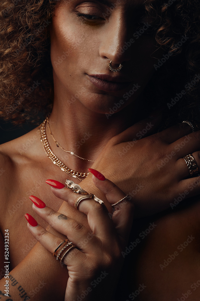 Fashion and makeup portrait of beautiful Arabic women looking down wearing golden nose ring.