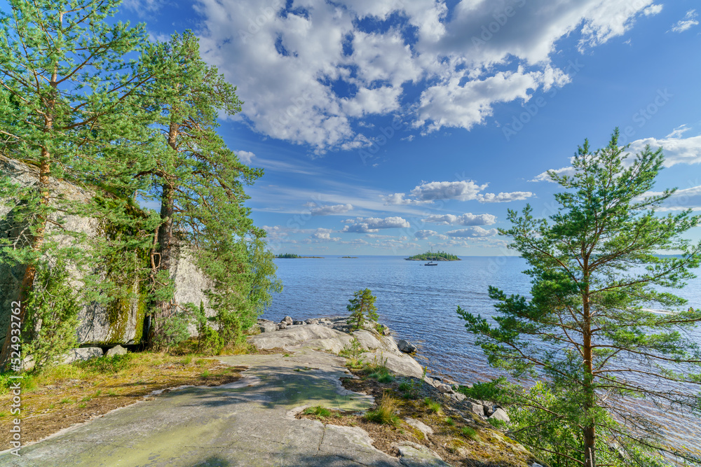 Beautiful stones and pine trees on the lake. Landscape of wild nature. Beautiful stones and pine trees on the lake. Landscape of wild nature.