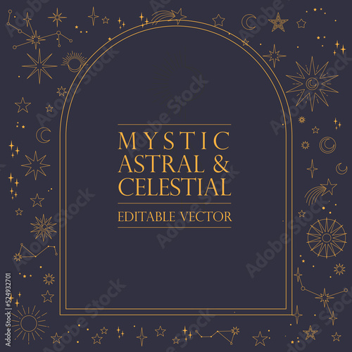 Astral celestial frame with stars, hands, sun, moon phases, and copy space. Mystic design. Ornate magical banner with a place for text. Linear geometric border