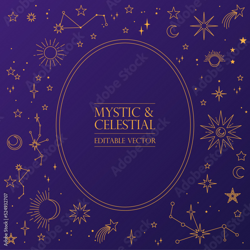 Astral celestial frame with stars, hands, sun, moon phases, and copy space. Mystic design. Ornate magical banner with a place for text. Linear geometric border