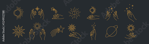 Aesthetic astral hands. Collection of cosmic and celestial elements with sun, moon and stars. Isolated editable linear vectors.