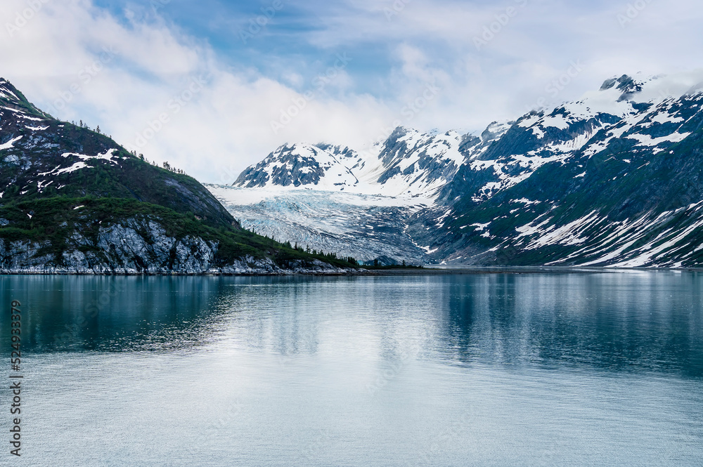 A view of the side of the Margerie Glacier in Glacier Bay, Alaska in summertime