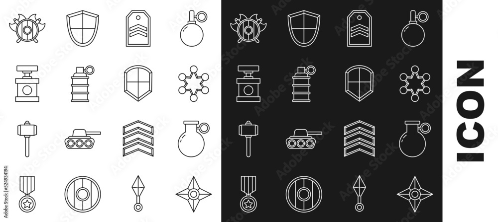 Set line Japanese ninja shuriken, Hand grenade, Police badge, Chevron, Handle detonator for dynamite, Medieval shield with crossed axes and Shield icon. Vector Set line Japanese ninja shuriken, Hand grenade, Police badge, Chevron, Handle detonator for dynamite, Medieval shield with crossed axes and Shield icon. Vector