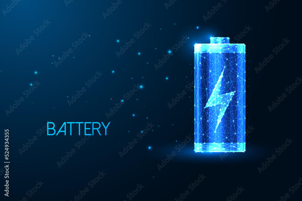 Abstract battery with charging symbol of in futuristic glowing low polygonal style on dark blue  - obrazy, fototapety, plakaty 