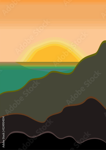 Vector bright landscape. Sunset. Sea and mountains. 