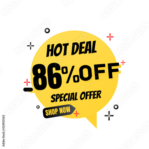 86% percent off(offer), hot deal, red and yellow 3D super discount sticker, mega sale. vector illustration, Eighty-six