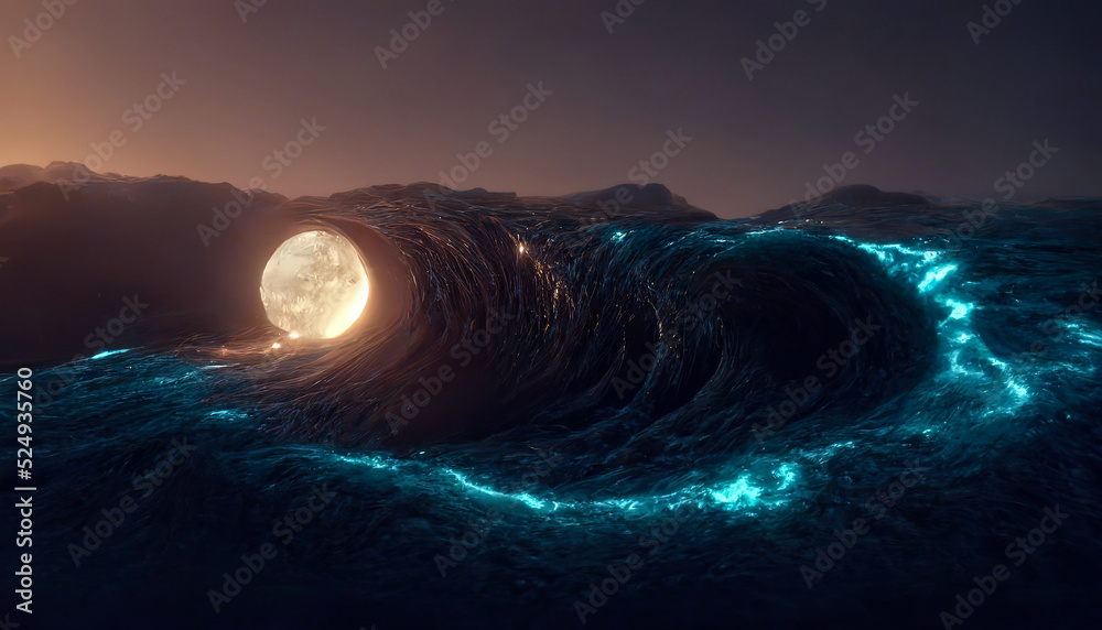 Fototapeta premium Abstract night seascape. Moon over the sea. Planet in the water. neon light. Seascape, ocean, night landscape. 3D illustration.