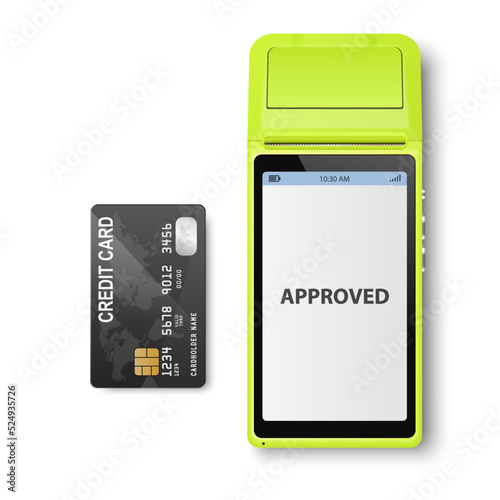 Vector 3d NFC Payment Machine with Approved Status and Credit Card Isolated. Wi-fi, Wireless Payment. POS Terminal, Machine Design Template of Bank Payment Contactless Terminal, Mockup. Top VIew