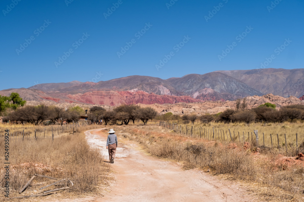 Entrance to a typical Argentine estancia in the Puna area of ​​Argentina with a woman walking from behind. The region known as Quebrada de Humauaca