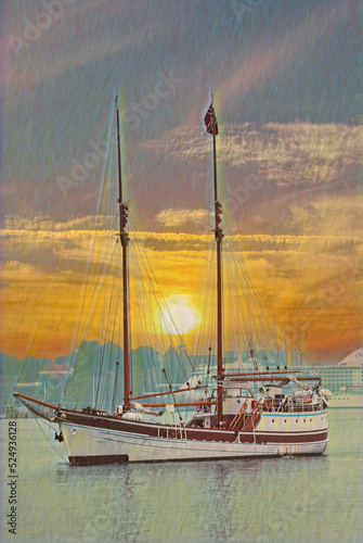 Fototapeta Naklejka Na Ścianę i Meble -  An illustration of a private sail, two mast ship, in the harbor of Bergen, Norway. 
