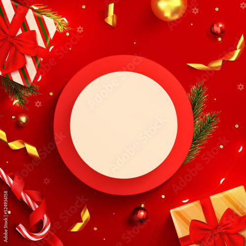 Top view of Christmas banner background with realistic podium and gifts box ribbon.