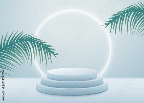 Product podium summer background 3d display vector nature pedestal shocase. Product podium platform luxury tropical presentation.