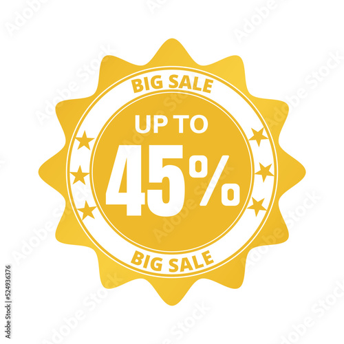 45% big sale discount all styles of sale in stores and online, special offer, voucher number tag vector illustration. Forty five 