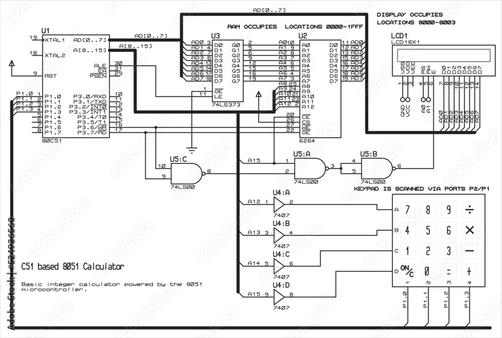 Electrical schematic diagram of the integer
calculator based on the 8051 microcontroller. Displaying the pressed keyboard keys and the results
of mathematical operations on the alphanumeric display.