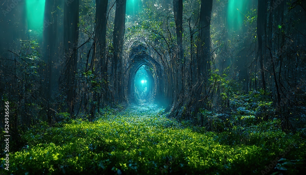 Raster illustration of tunnel in the forest of trees with shining light at the end. Passage through the dense forest, natural wonders, wild, portal to another world, courtship of nature. 3D artwork - obrazy, fototapety, plakaty 
