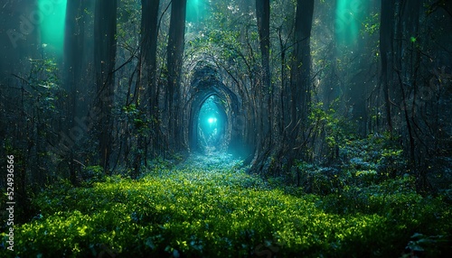 Raster illustration of tunnel in the forest of trees with shining light at the end. Passage through the dense forest, natural wonders, wild, portal to another world, courtship of nature. 3D artwork