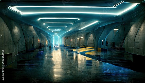 Raster illustration of abandoned underground bunker with neon lighting. Underpass, bombproof shelter, computer, underground, metro, subway, corridor with neon column. Depot, electric trains. 3d render photo