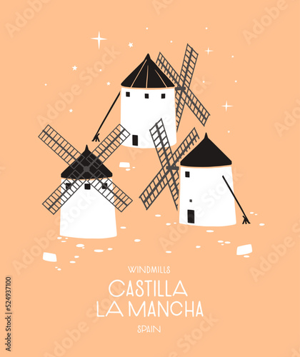 Traditional white mills of the Spanish region of Castile-La Mancha. Design element for souvenir products. Vector illustration isolated. photo
