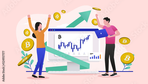 Happy Bitcoin investors - Man and woman celebrating making money on trading cryptocurrency with hand in air and chart on computer screen. Vector illustration