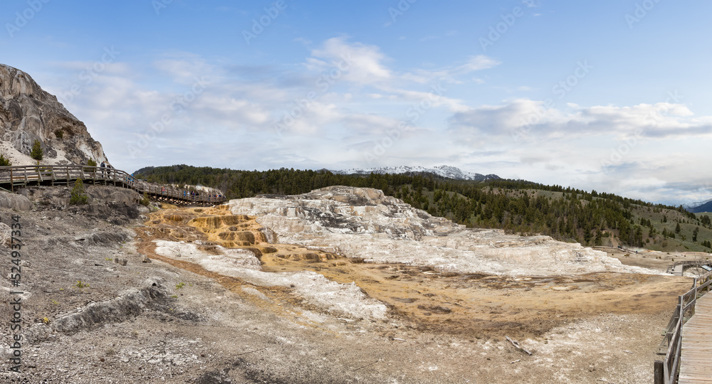 Hot spring Geyser with colorful water in American Landscape. Cloudy Sky Art Render. Yellowstone National Park, Wyoming, United States. Nature Background Panorama