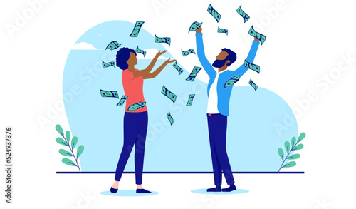 Couple making money - Ethnic African American man and woman having financial success, cheering and being happy. Flat design vector illustration with white background