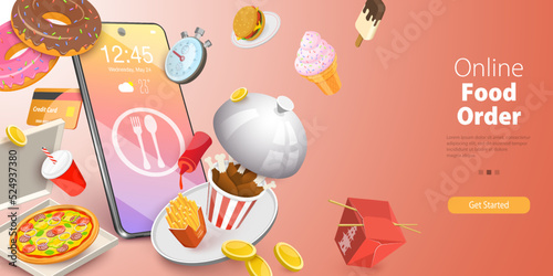3D Vector Conceptual Illustration of Online Food Order, Restaurant Fast Free Delivery