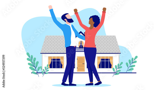 Buying first home - Interracial couple purchasing their first house celebrating and being happy. Flat design vector illustration with white background