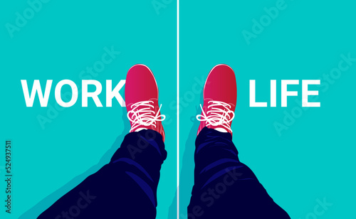 Work life balance - Making choice between work and free time looking down at shoes and feet. Vector illustration