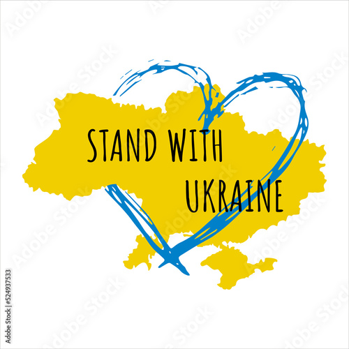 Stand with Ukraine. Map of Ukraine with the heart in national colors, blue and yellow. Creative template for advertising and promo materials. Vector illustration