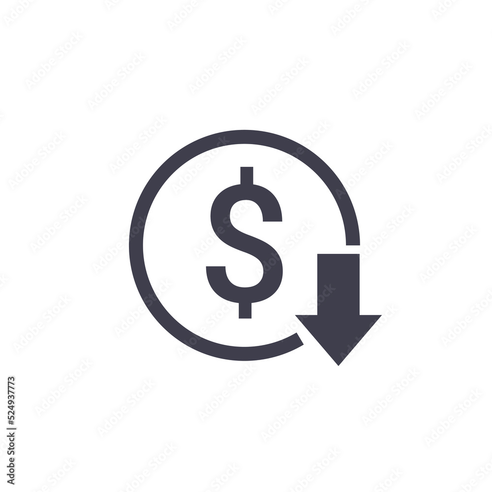 Cost reduction icon price lower arrow. Vector low cost money crisis line icon Cost reduction icon price lower arrow. Vector low cost money crisis line icon
