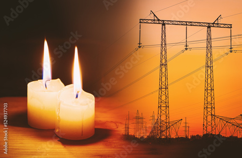 Canvas Print Burning flame candle and power lines on background