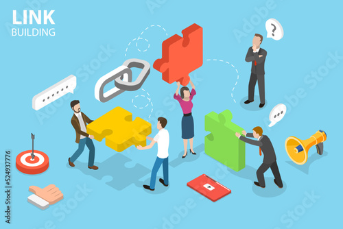 3D Isometric Flat Vector Conceptual Illustration of Link Building, SEO Backlink Strategy