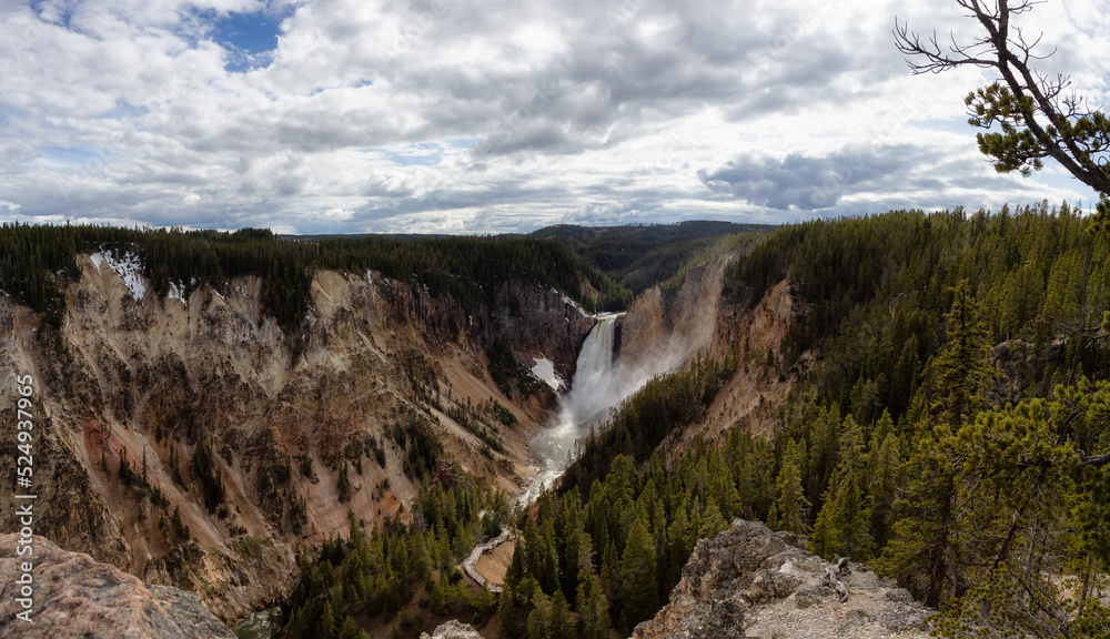 Rocky Canyon, River and Waterfall in American Landscape. Grand Canyon of The Yellowstone. Yellowstone National Park. United States. Nature Background.