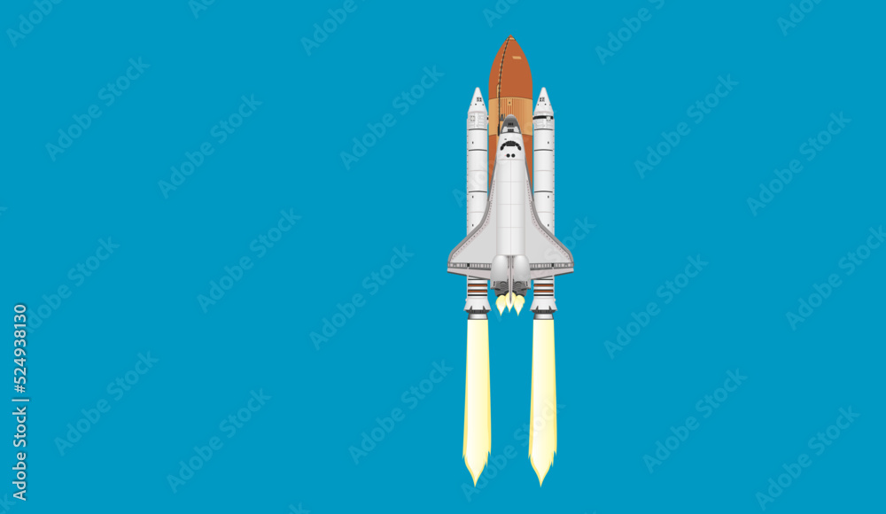 Space shuttle flight isolated on cyan blue background. Vector illustration. Space shuttle flight isolated on cyan blue background. Vector illustration.