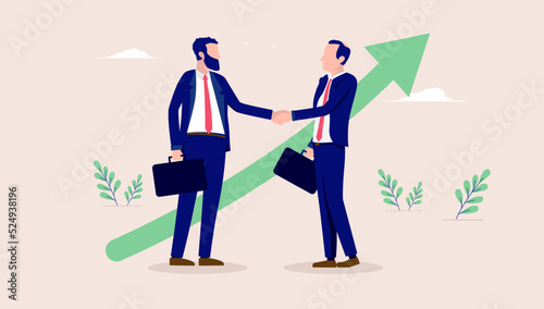 Great business deal - Two businessmen shaking hands in front of green rising arrow. Successful agrement concept, flat design vector illustration