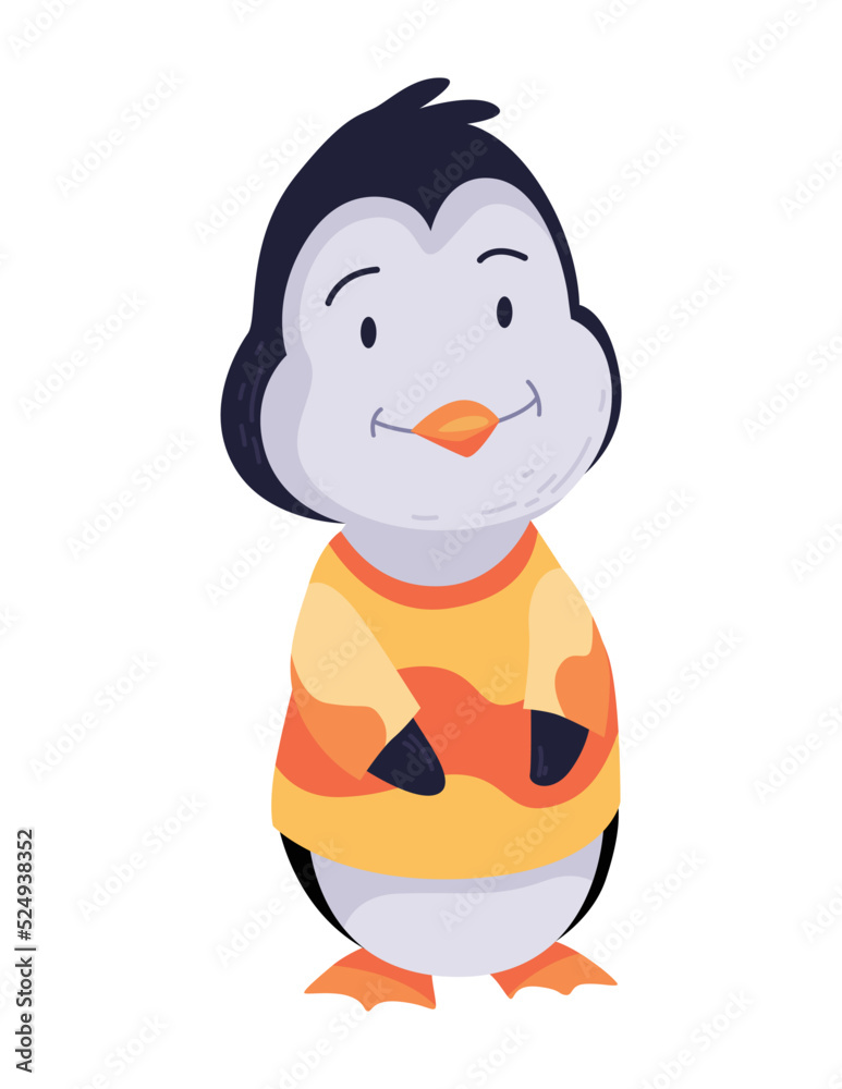 Cute penguin stand in warm clothes. Funny draw character in cartoon style. Adorable wild animal