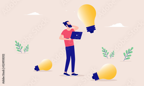 Man with idea - Entrepreneur person coming up with invention and new ideas, thinking, scratching head and light bulbs. Flat design vector illustration
