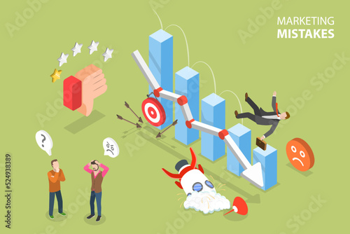 3D Isometric Flat Vector Conceptual Illustration of Marketing Mistakes, Wrong Social Media Strategy