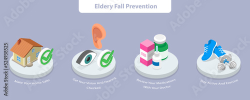 3D Isometric Flat Vector Conceptual Illustration of Elderly Fall Prevention, Healthy Lifestyle Advices