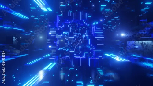 Wallpaper Mural Fly through technology cyberspace with neon glow. Sci-fi flight through hi-tech technology tunnel. Hologram and neon light. 3d looped seamless 4k bright background. Data flow. Transforming blocks Torontodigital.ca