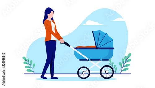 Mom with baby stroller - Woman walking with newborn in pram outdoors with white background. Flat design vector illustration