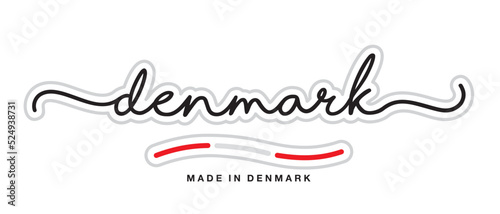 Made in Denmark, new modern handwritten typography calligraphic logo sticker, abstract Denmark flag ribbon banner