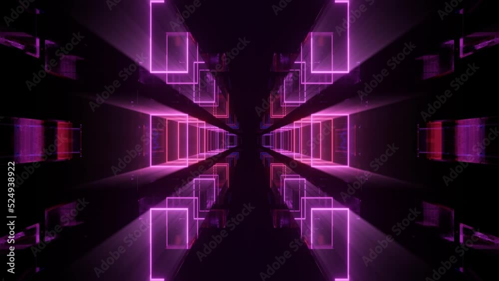 Glow sci fi symmetrical construction. Vj loop trendy neon tunnel. hi tech neon tunel. Sci-fi flight through cyberspace with symmetry. Video game or vj night club background with neon light.