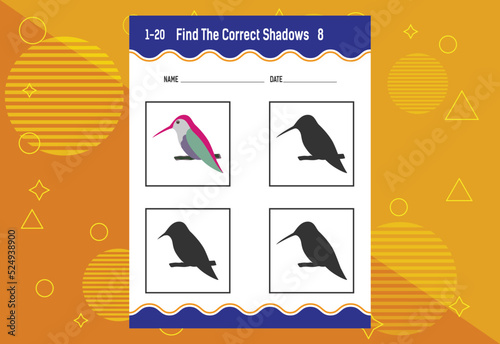 Find the correct shadow. Education developing worksheet. Matching game for kids.