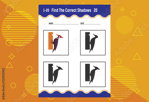 Find the correct shadow. Education developing worksheet. Matching game for kids.
