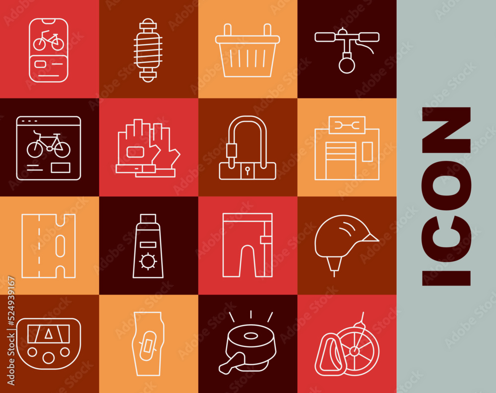 Set line Bicycle parking, helmet, repair service, basket, Gloves, rental mobile app, and lock icon. Vector Set line Bicycle parking, helmet, repair service, basket, Gloves, rental mobile app, and lock icon. Vector