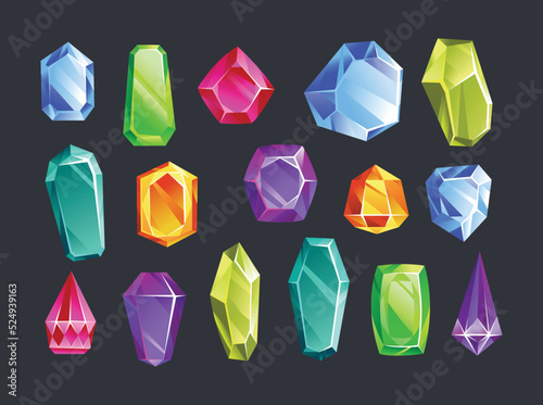 Jewelry gemstone. Precious stones and gems. Set of colorful isolated elements - crystals. Vector rhinestone and brilliant, sapphire and amethyst, aquamarine and tourmaline, diamond and emerald