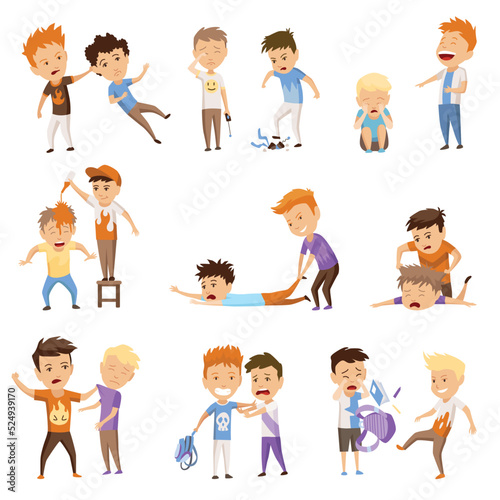 Kids bullying set. Childish bullies or verbal and physical conflict between children. Bad childs behavior, scared and strong angry children conflict, cartoon characters confrontatio