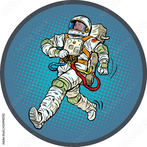 Pop art Astronaut winner proudly walks forward. Astronaut space suit